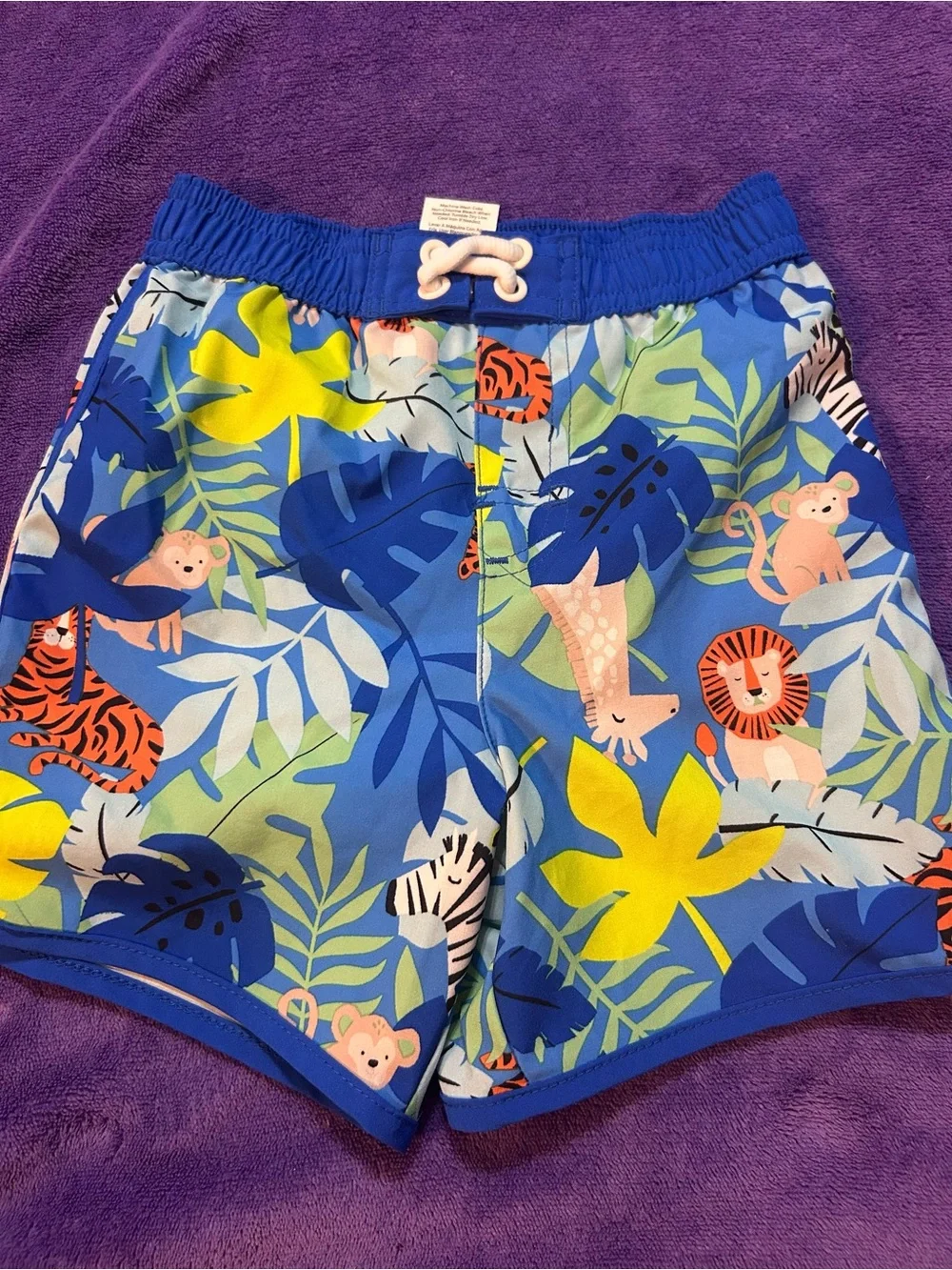 wonder nation Blue Tropical Animal Print Swim Shorts with Yellow Accents